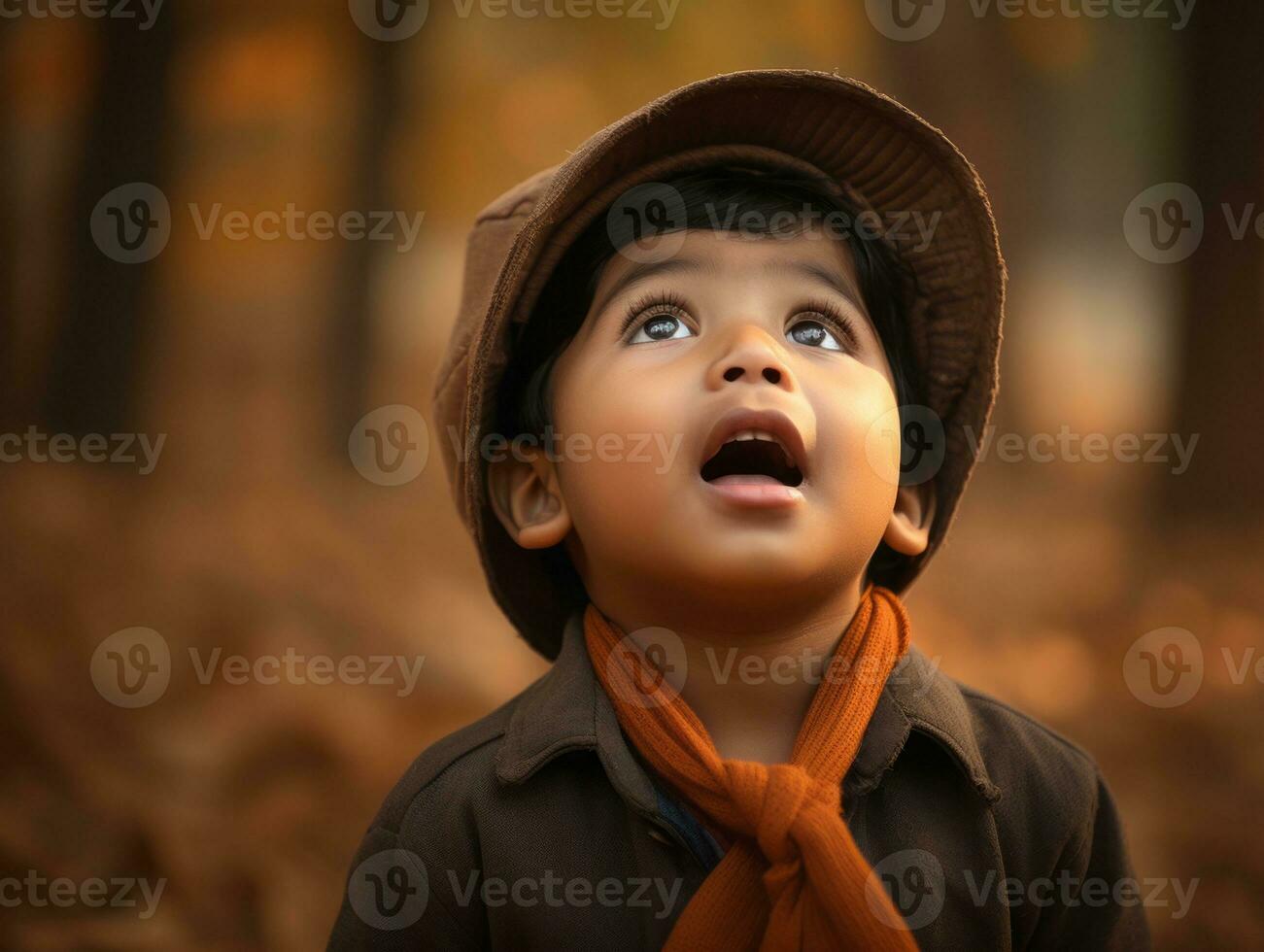 Indian kid in playful emontional dynamic pose on autumn background AI Generative photo