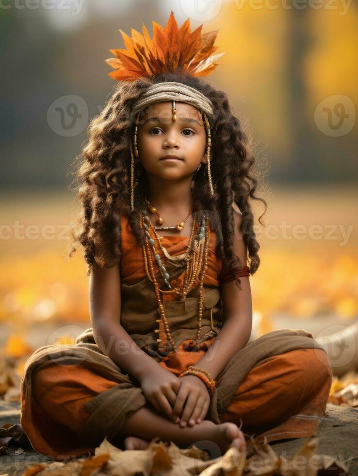 Indian kid in playful emontional dynamic pose on autumn background AI Generative photo