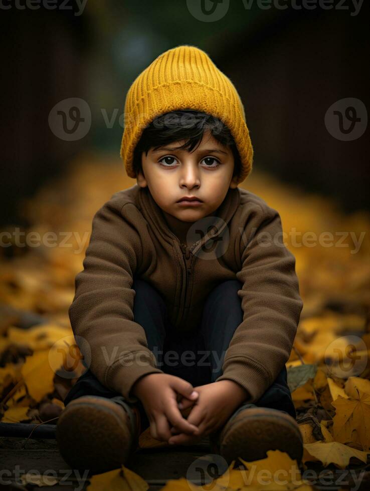 Indian kid in playful emontional dynamic pose on autumn background AI Generative photo