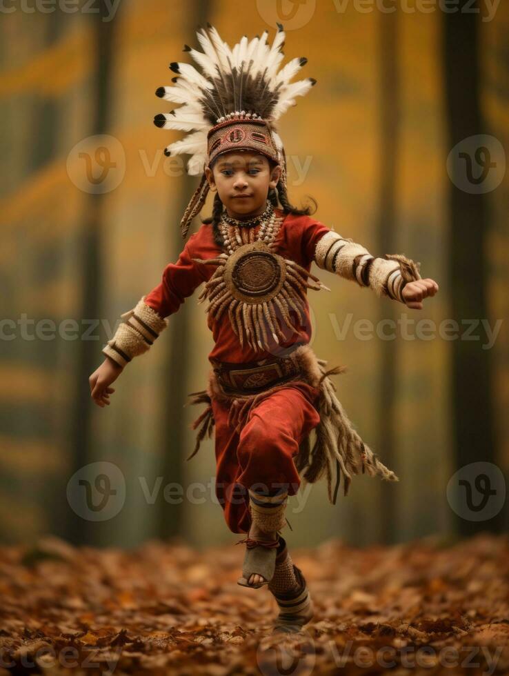 Indian kid in playful emontional dynamic pose on autumn background AI Generative photo