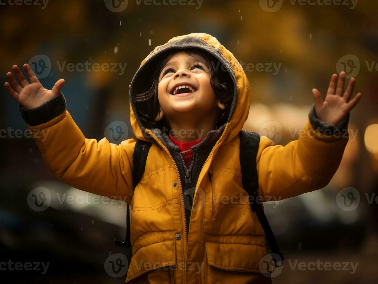 Indian kid in playful emontional dynamic pose on autumn background AI Generative photo