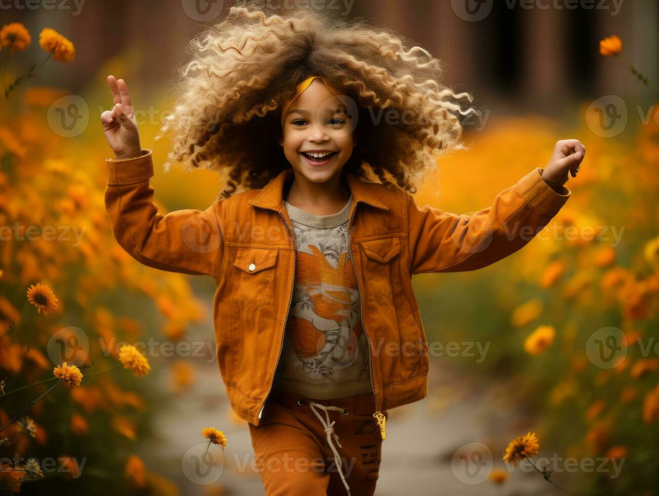 Indian kid in playful emontional dynamic pose on autumn background AI Generative photo