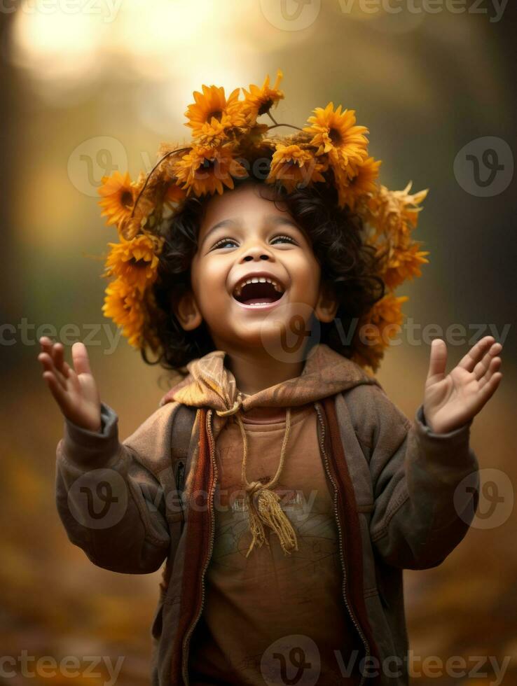 Indian kid in playful emontional dynamic pose on autumn background AI Generative photo