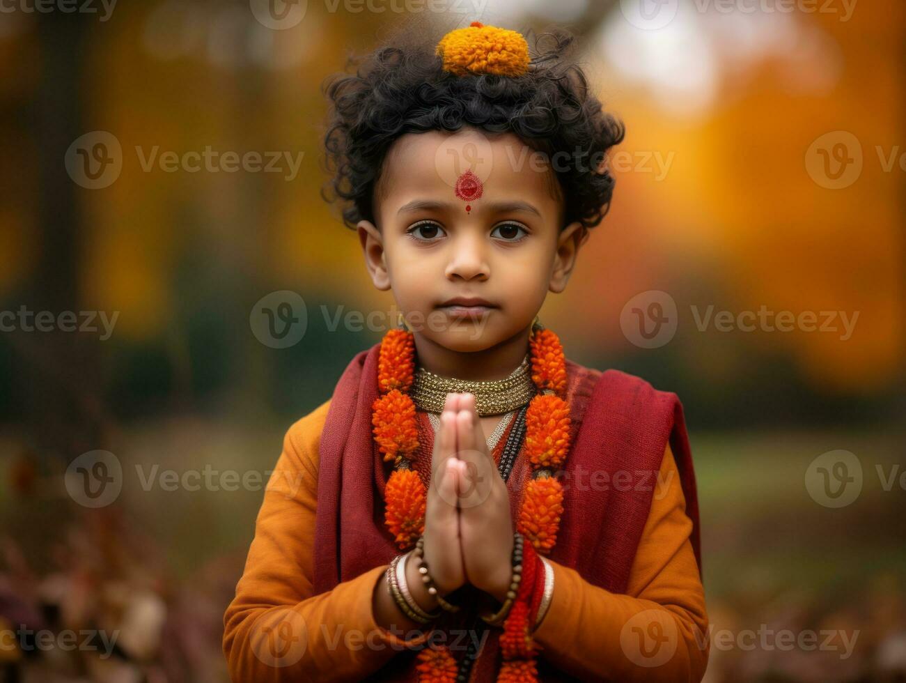 Indian kid in playful emontional dynamic pose on autumn background AI Generative photo