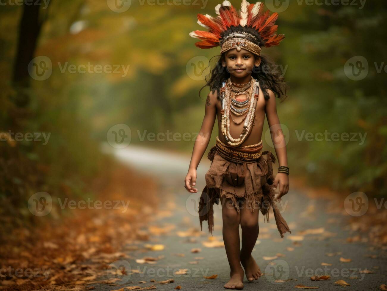 Indian kid in playful emontional dynamic pose on autumn background AI Generative photo