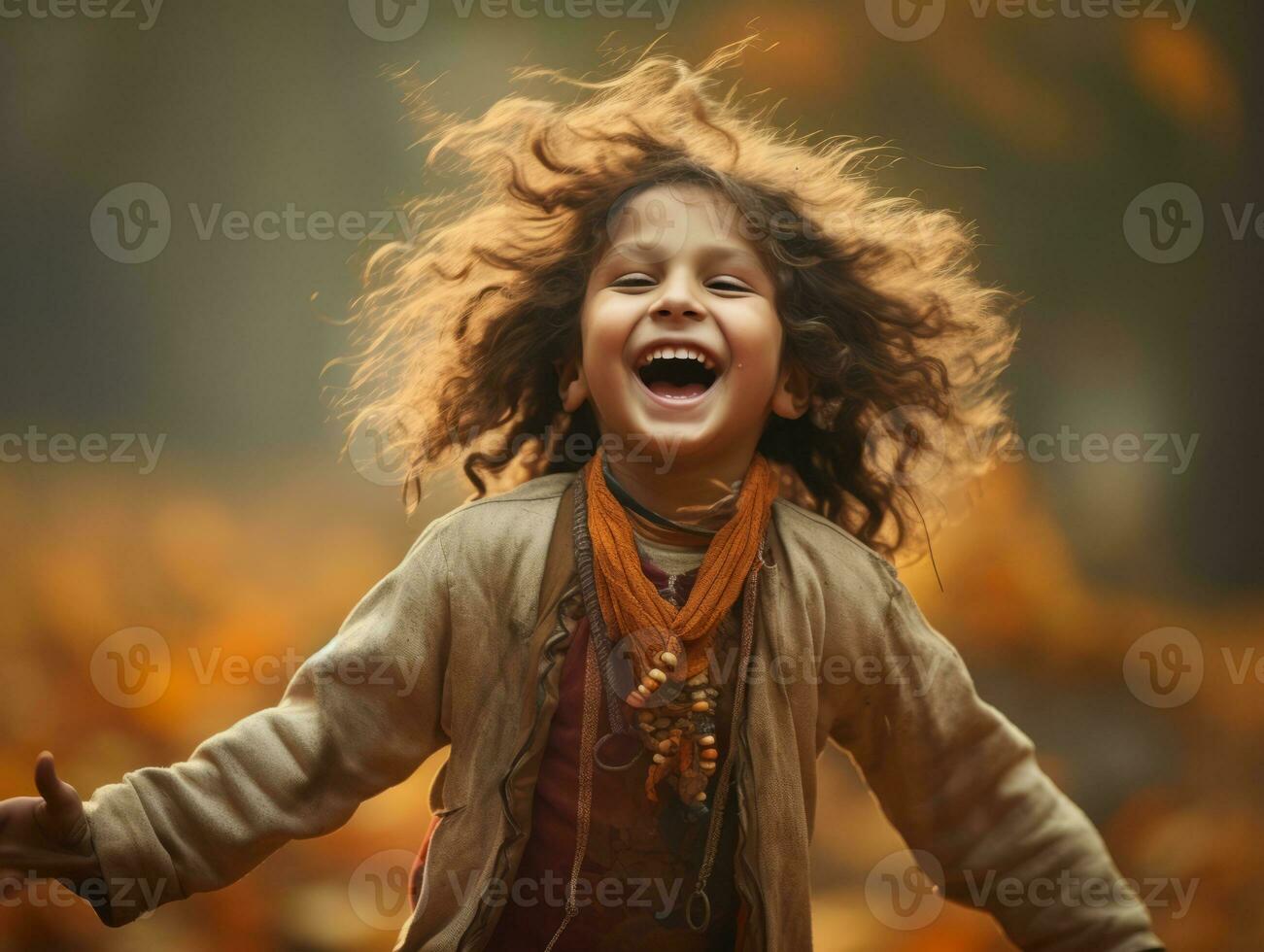 Indian kid in playful emontional dynamic pose on autumn background AI Generative photo