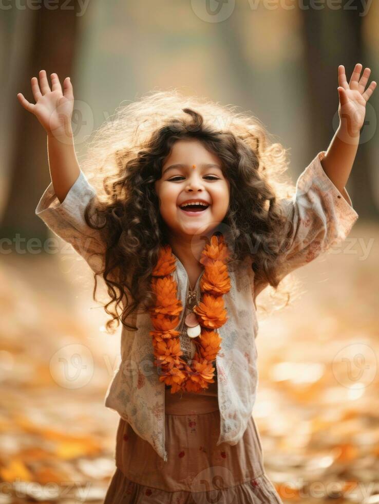 Indian kid in playful emontional dynamic pose on autumn background AI Generative photo