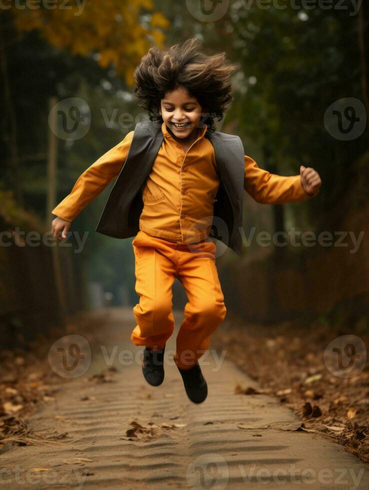 Indian kid in playful emontional dynamic pose on autumn background AI Generative photo