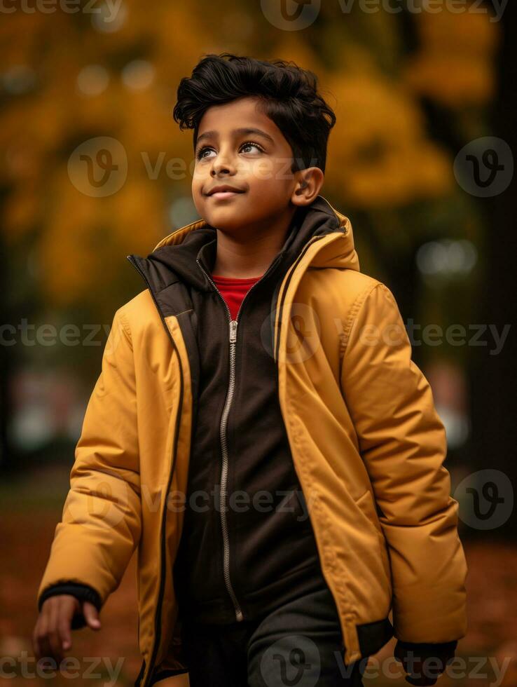Indian kid in playful emontional dynamic pose on autumn background AI Generative photo