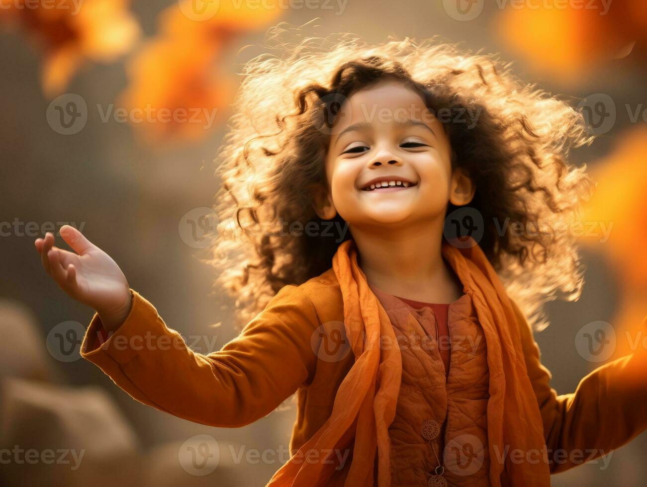 Indian kid in playful emontional dynamic pose on autumn background AI Generative photo