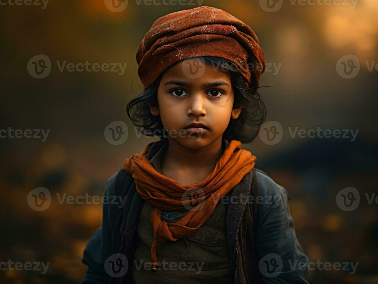 Indian kid in playful emontional dynamic pose on autumn background AI Generative photo