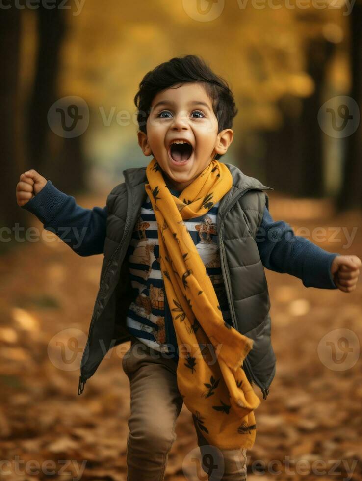 Indian kid in playful emontional dynamic pose on autumn background AI Generative photo