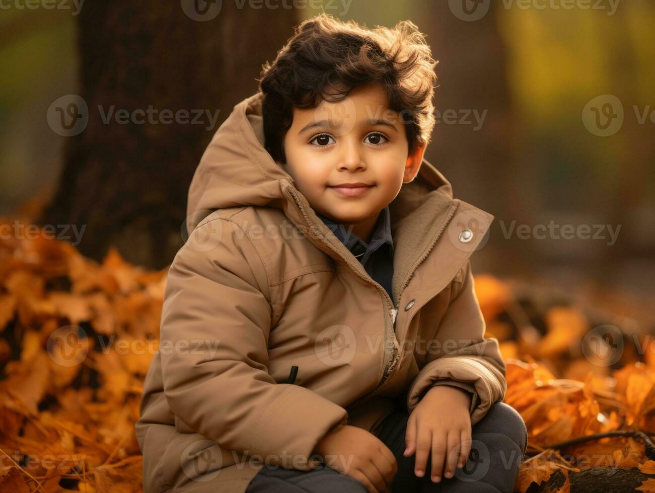 indio niño en juguetón emocional dinámica actitud en otoño antecedentes ai generativo foto