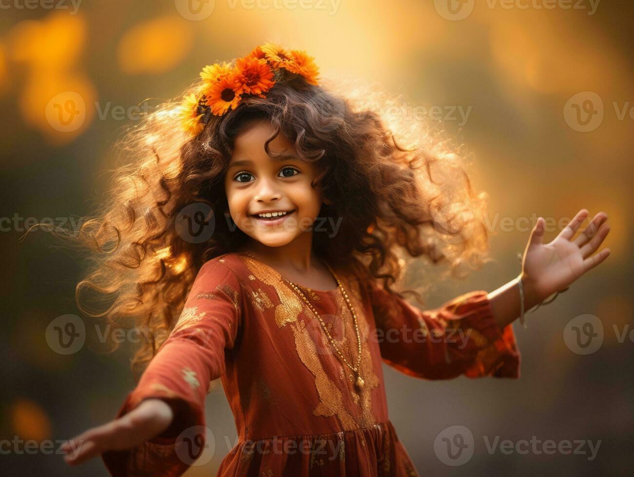 Indian kid in playful emontional dynamic pose on autumn background AI Generative photo