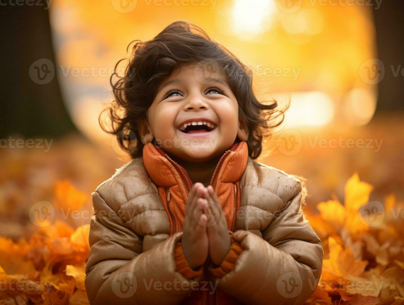 Indian kid in playful emontional dynamic pose on autumn background AI Generative photo