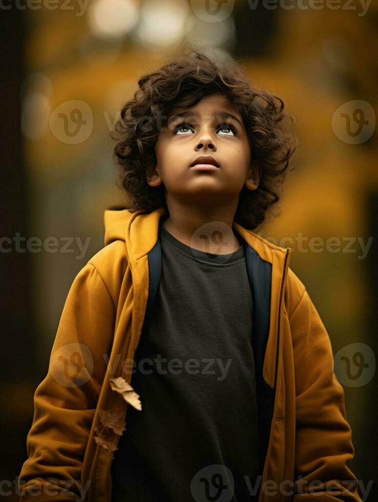 Indian kid in playful emontional dynamic pose on autumn background AI Generative photo