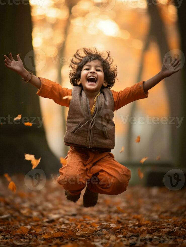 Indian kid in playful emontional dynamic pose on autumn background AI Generative photo