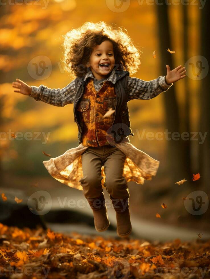 Indian kid in playful emontional dynamic pose on autumn background AI Generative photo