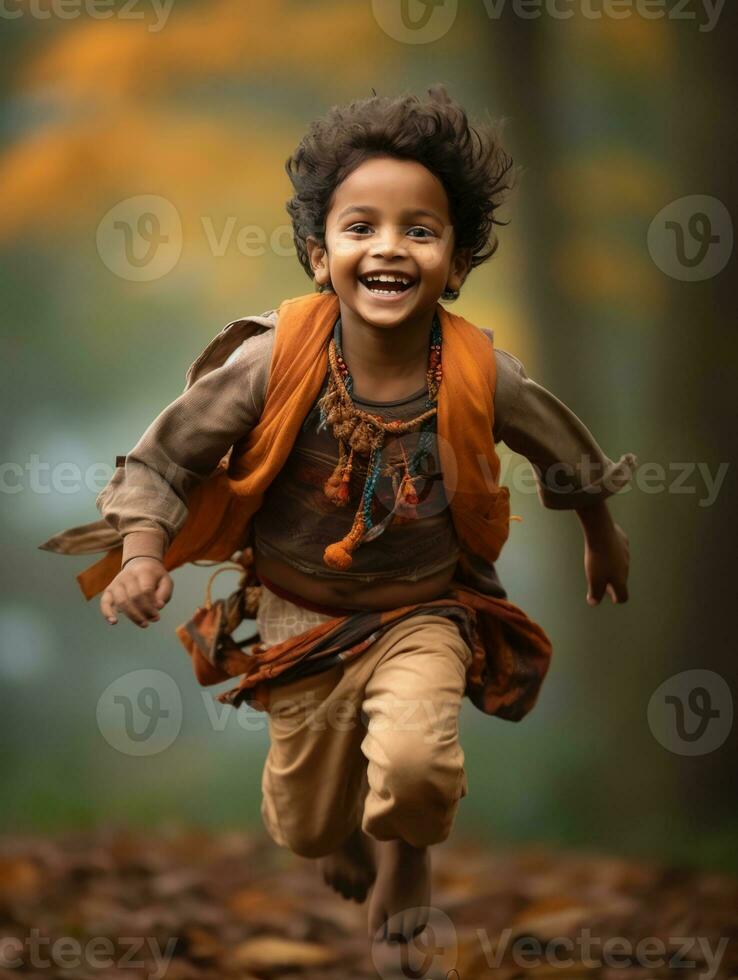 Indian kid in playful emontional dynamic pose on autumn background AI Generative photo