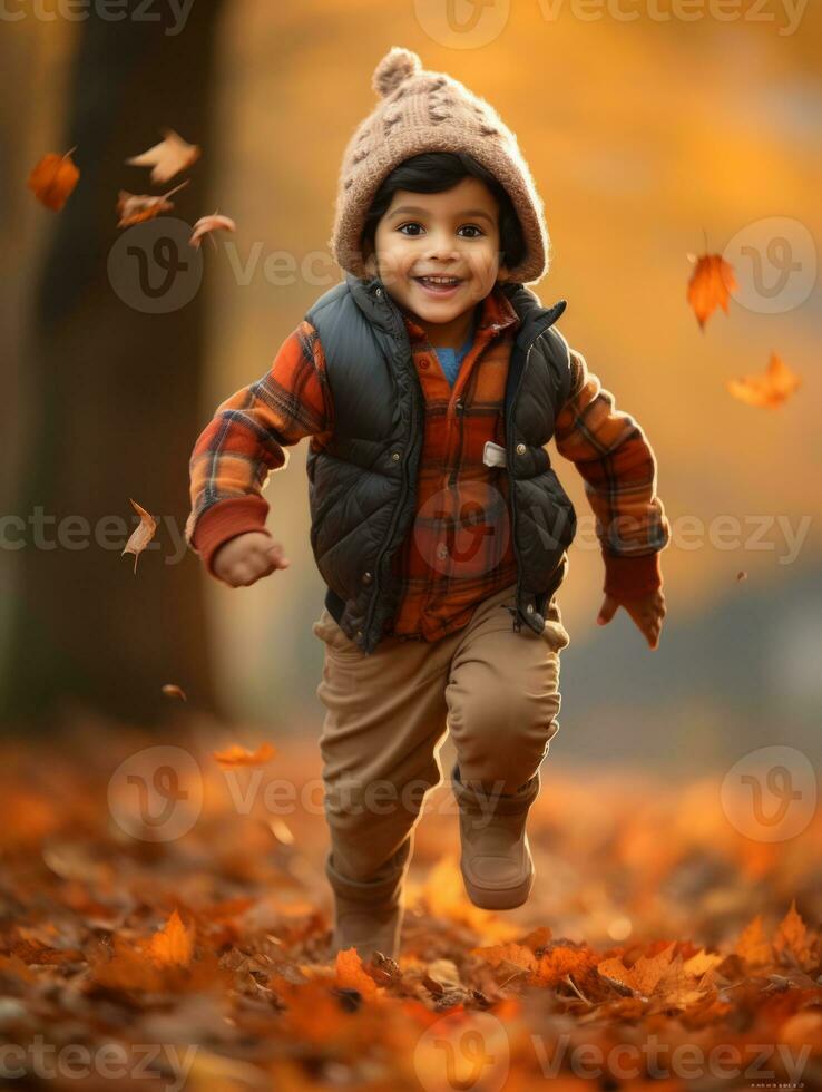 Indian kid in playful emontional dynamic pose on autumn background AI Generative photo