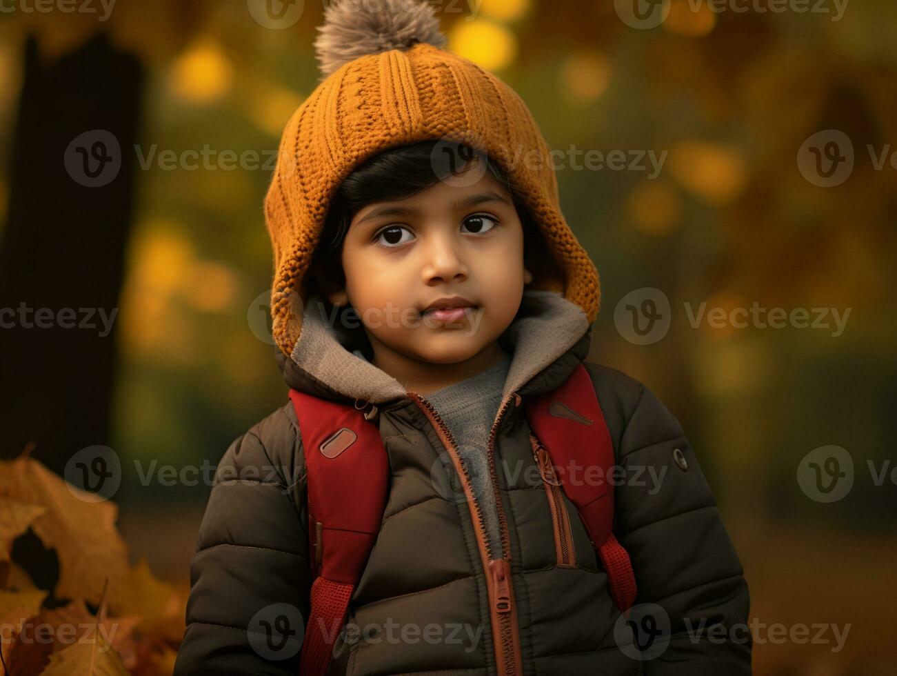 Indian kid in playful emontional dynamic pose on autumn background AI Generative photo