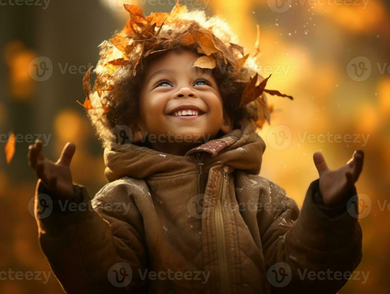 Indian kid in playful emontional dynamic pose on autumn background AI Generative photo