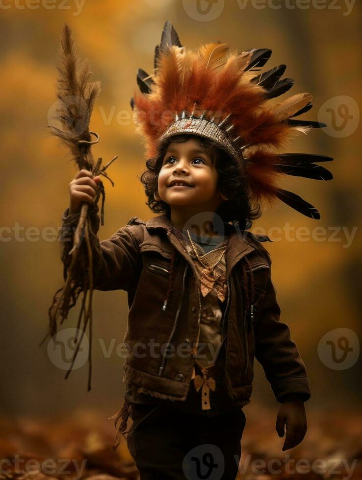 Indian kid in playful emontional dynamic pose on autumn background AI Generative photo