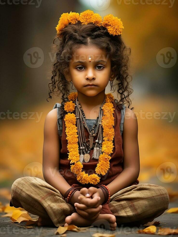 Indian kid in playful emontional dynamic pose on autumn background AI Generative photo