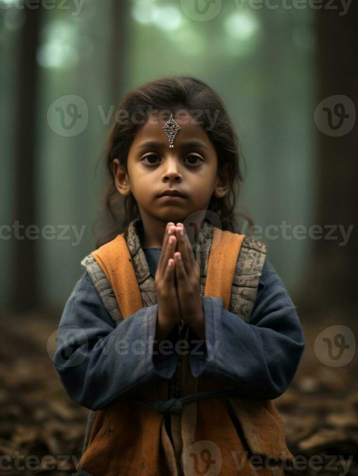 Indian kid in playful emontional dynamic pose on autumn background AI Generative photo