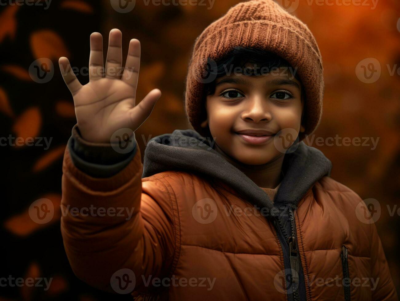 Indian kid in playful emontional dynamic pose on autumn background AI Generative photo