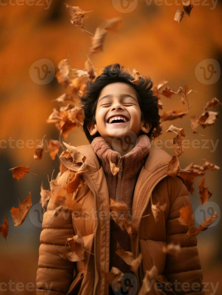 Indian kid in playful emontional dynamic pose on autumn background AI Generative photo