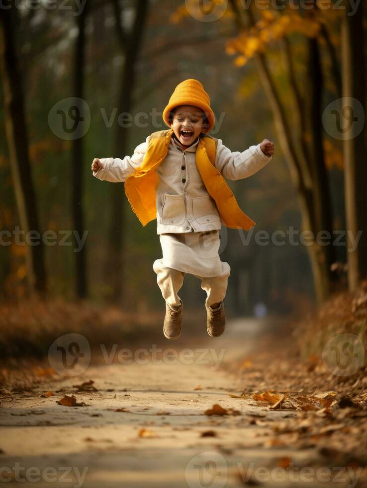 Indian kid in playful emontional dynamic pose on autumn background AI Generative photo