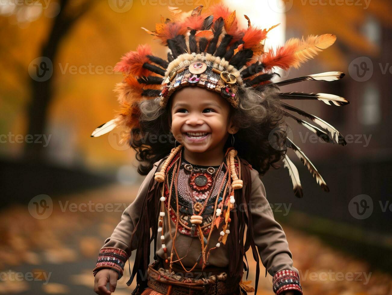 Indian kid in playful emontional dynamic pose on autumn background AI Generative photo