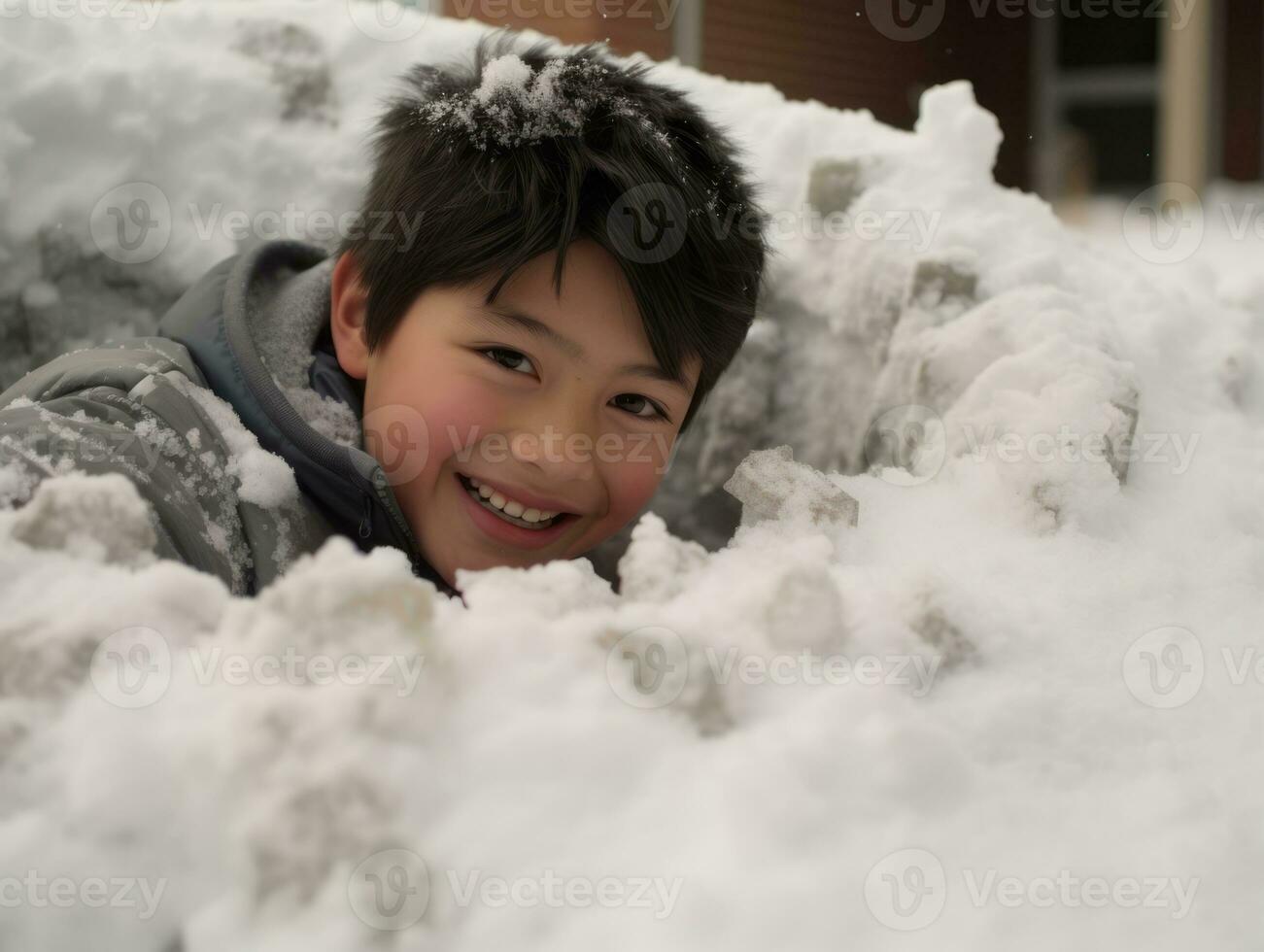 niño disfruta el invierno Nevado día en juguetón actitud ai generativo foto