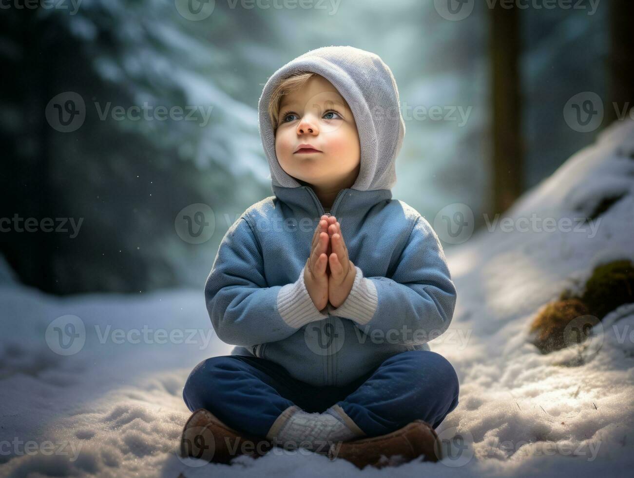 kid enjoys the winter snowy day in playful pose AI Generative photo