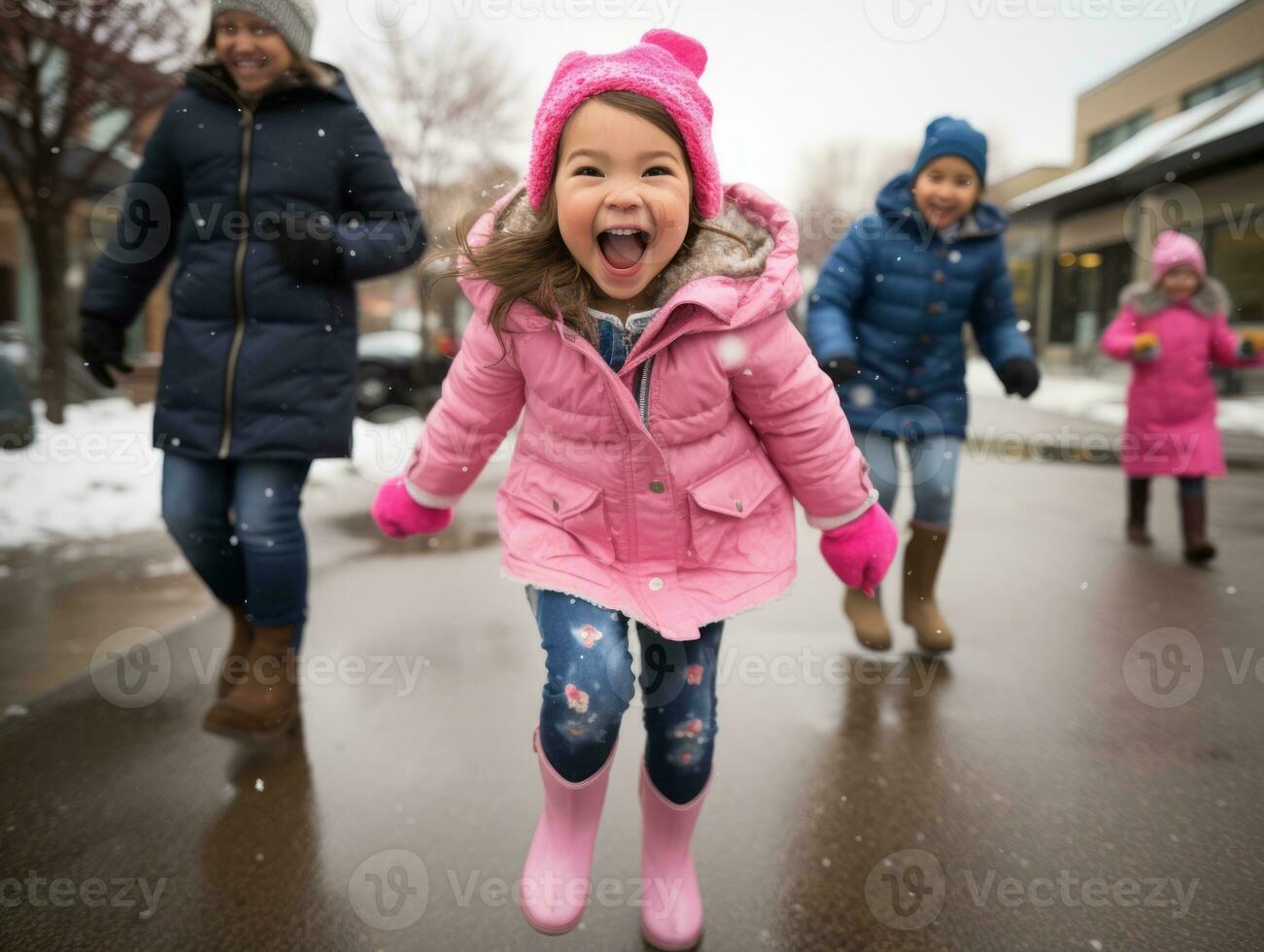 kid enjoys the winter snowy day in playful pose AI Generative photo