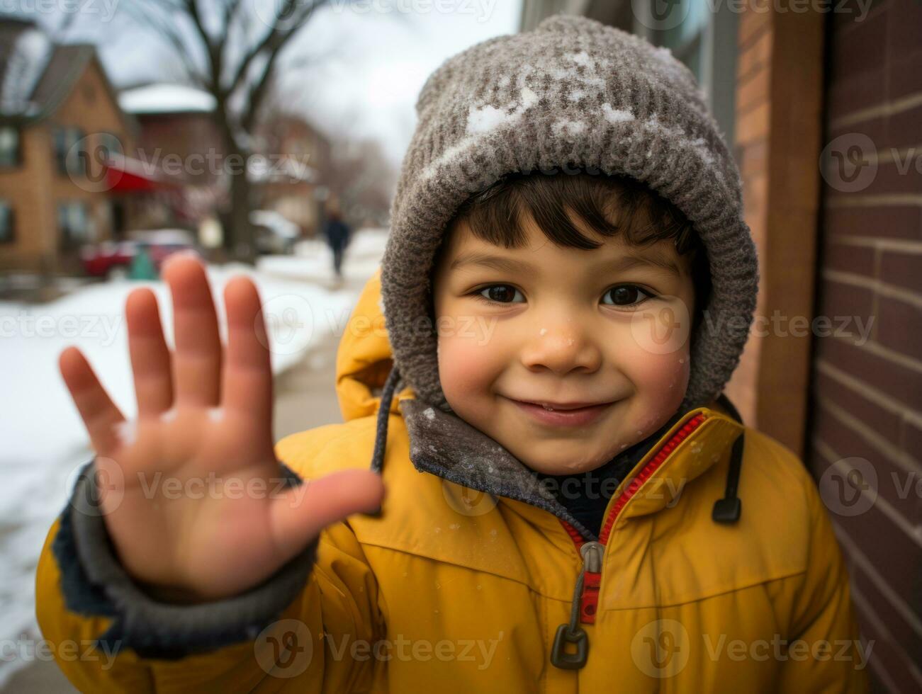 kid enjoys the winter snowy day in playful pose AI Generative photo