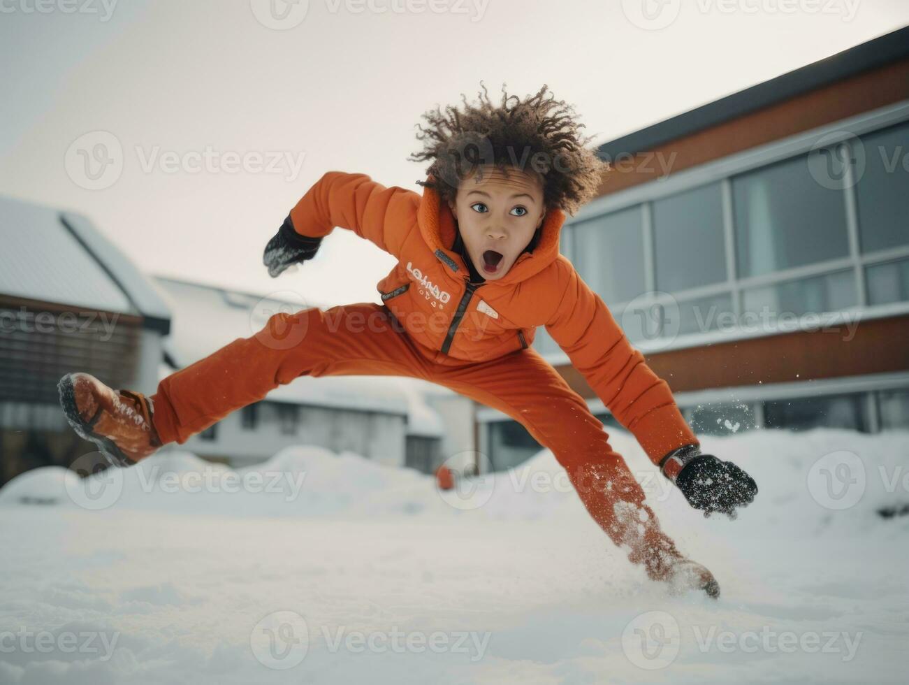 kid enjoys the winter snowy day in playful pose AI Generative photo