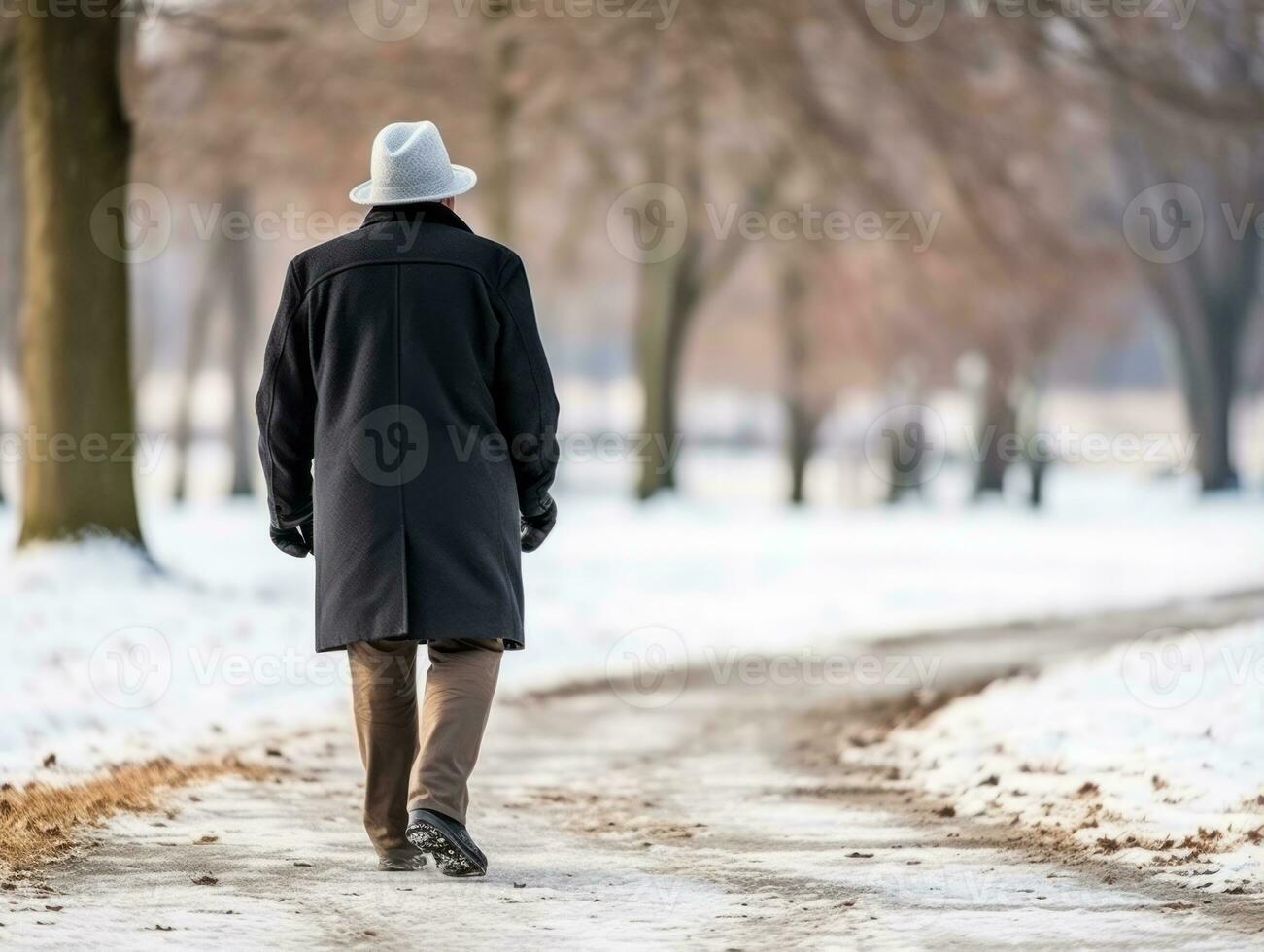 hombre disfruta un sin prisa caminar en un invierno día ai generativo foto