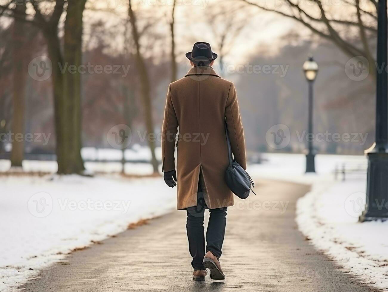 hombre disfruta un sin prisa caminar en un invierno día ai generativo foto