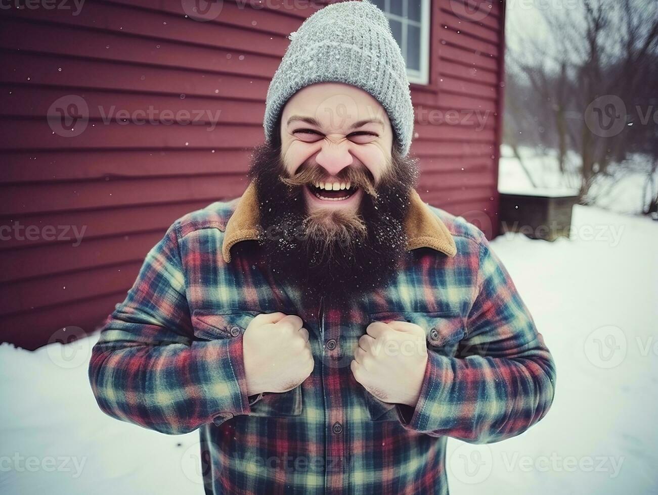 hombre disfruta el invierno Nevado día en juguetón actitud ai generativo foto