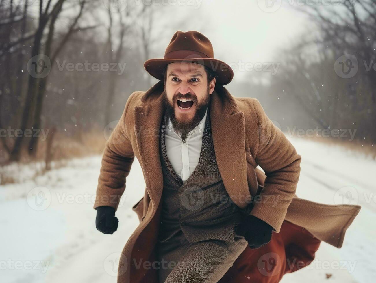 Man enjoys the winter snowy day in playful pose AI Generative photo