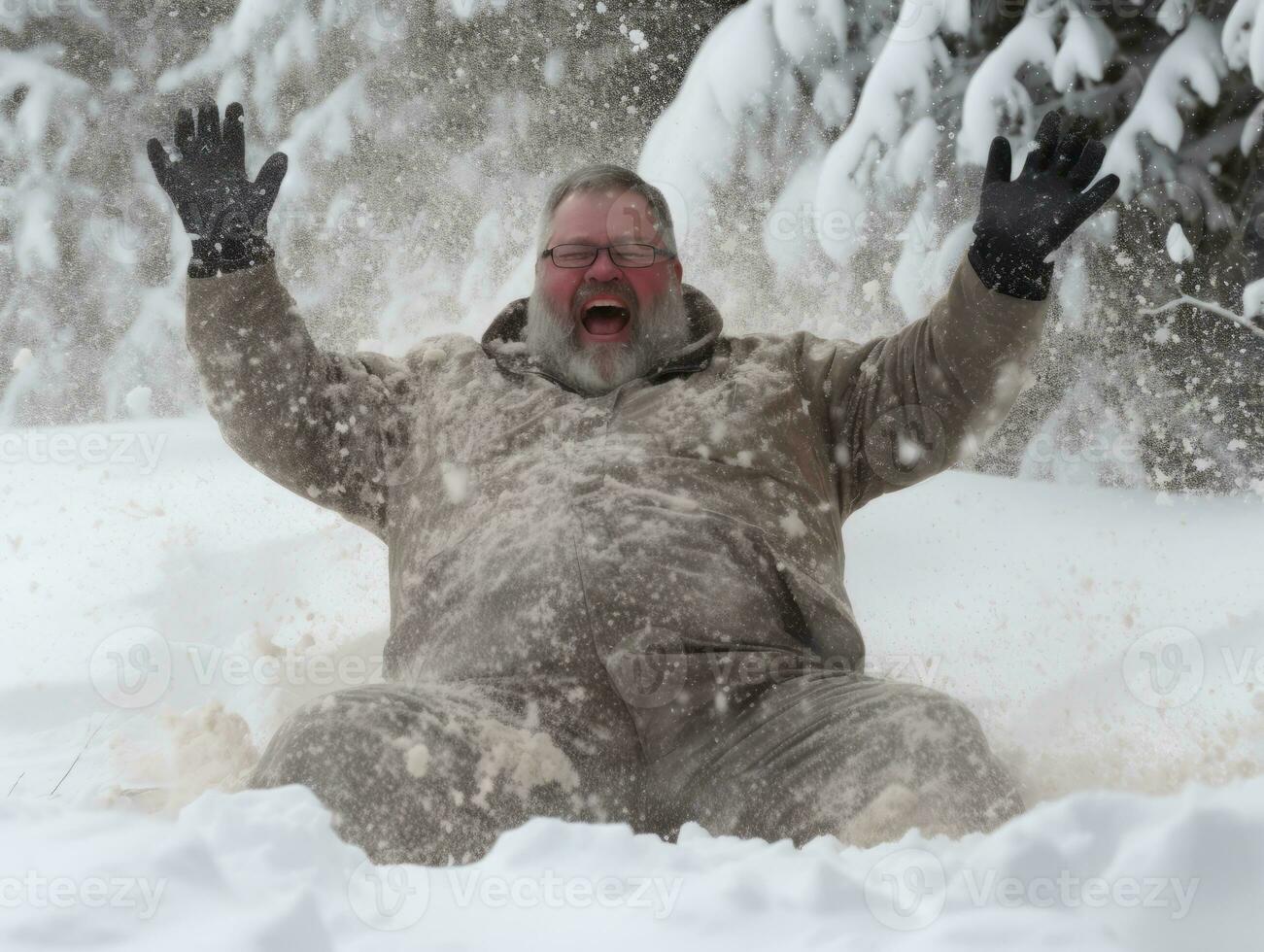 hombre disfruta el invierno Nevado día en juguetón actitud ai generativo foto