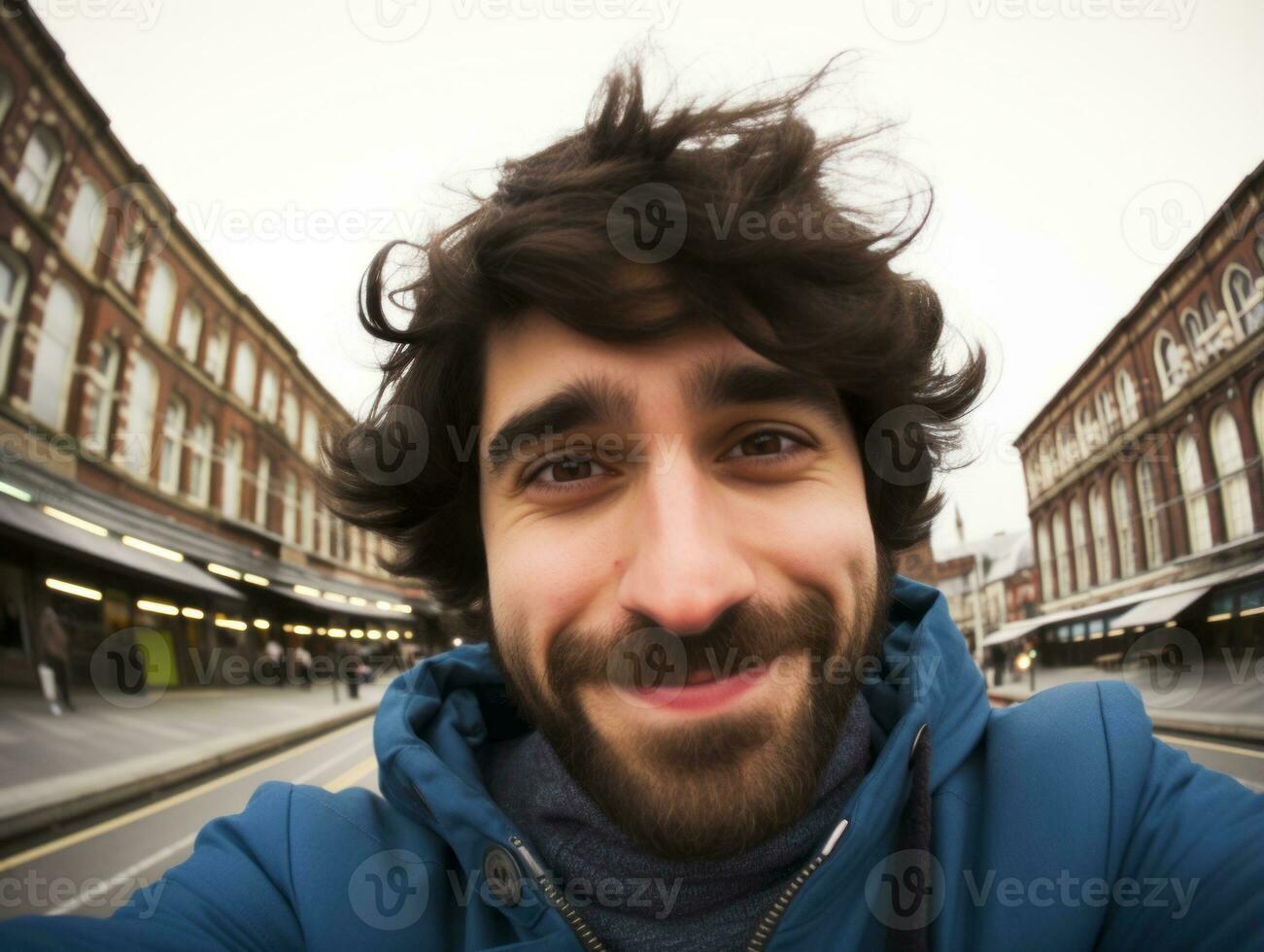 hombre disfruta el invierno Nevado día en juguetón actitud ai generativo foto