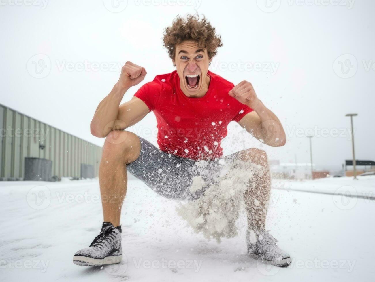 Man enjoys the winter snowy day in playful pose AI Generative photo