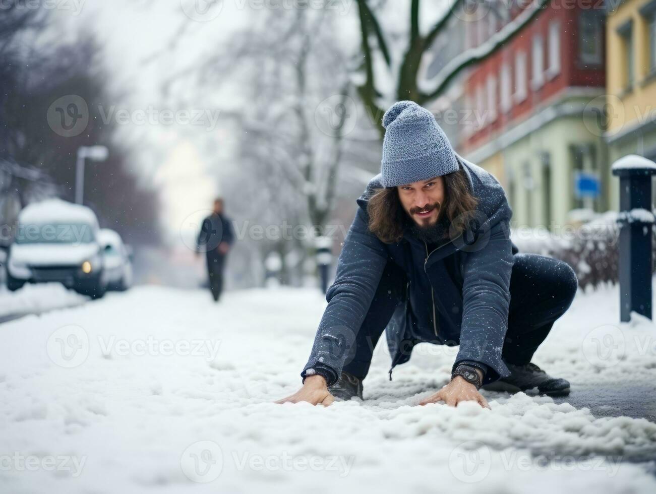 Man enjoys the winter snowy day in playful pose AI Generative photo