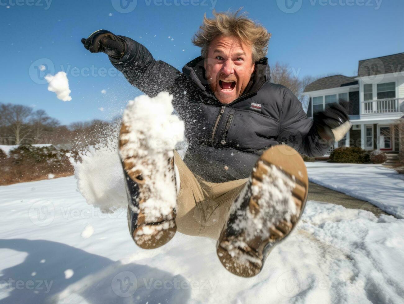 hombre disfruta el invierno Nevado día en juguetón actitud ai generativo foto