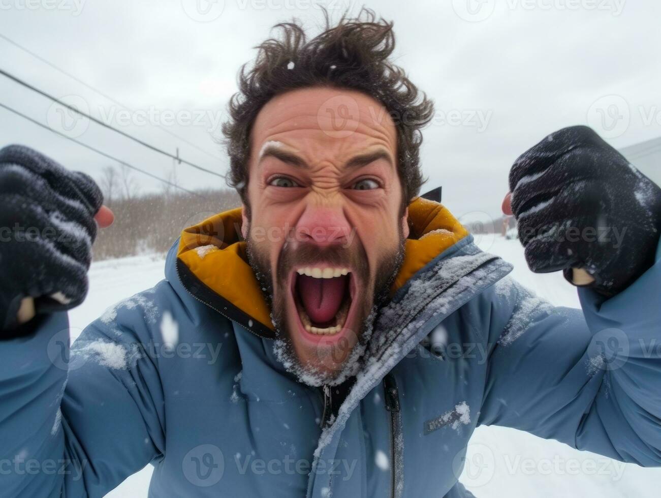 Man enjoys the winter snowy day in playful pose AI Generative photo
