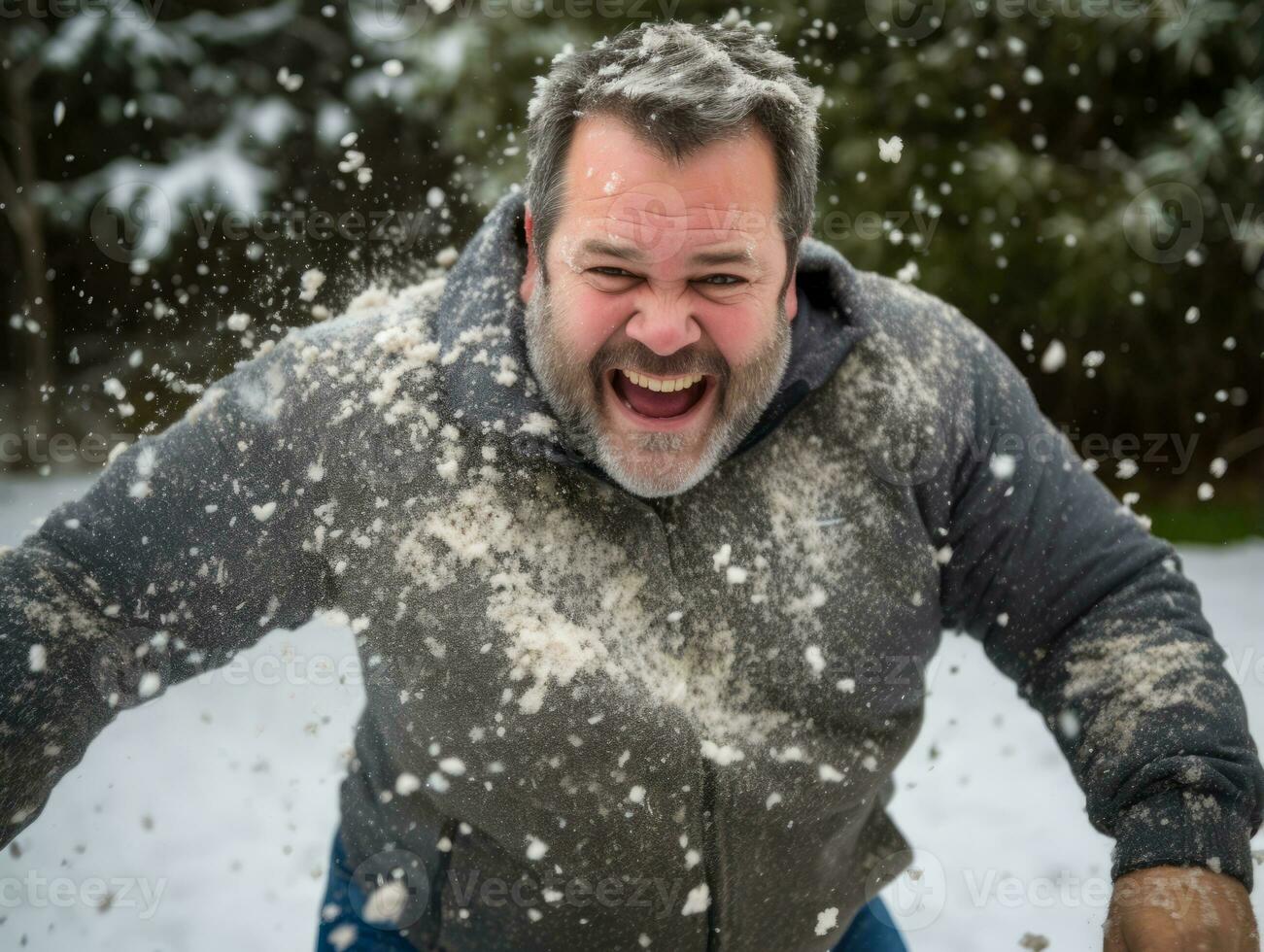 Man enjoys the winter snowy day in playful pose AI Generative photo