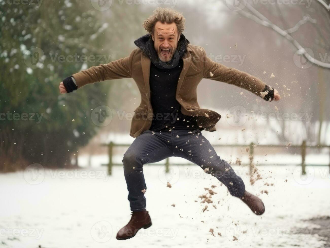 Man enjoys the winter snowy day in playful pose AI Generative photo